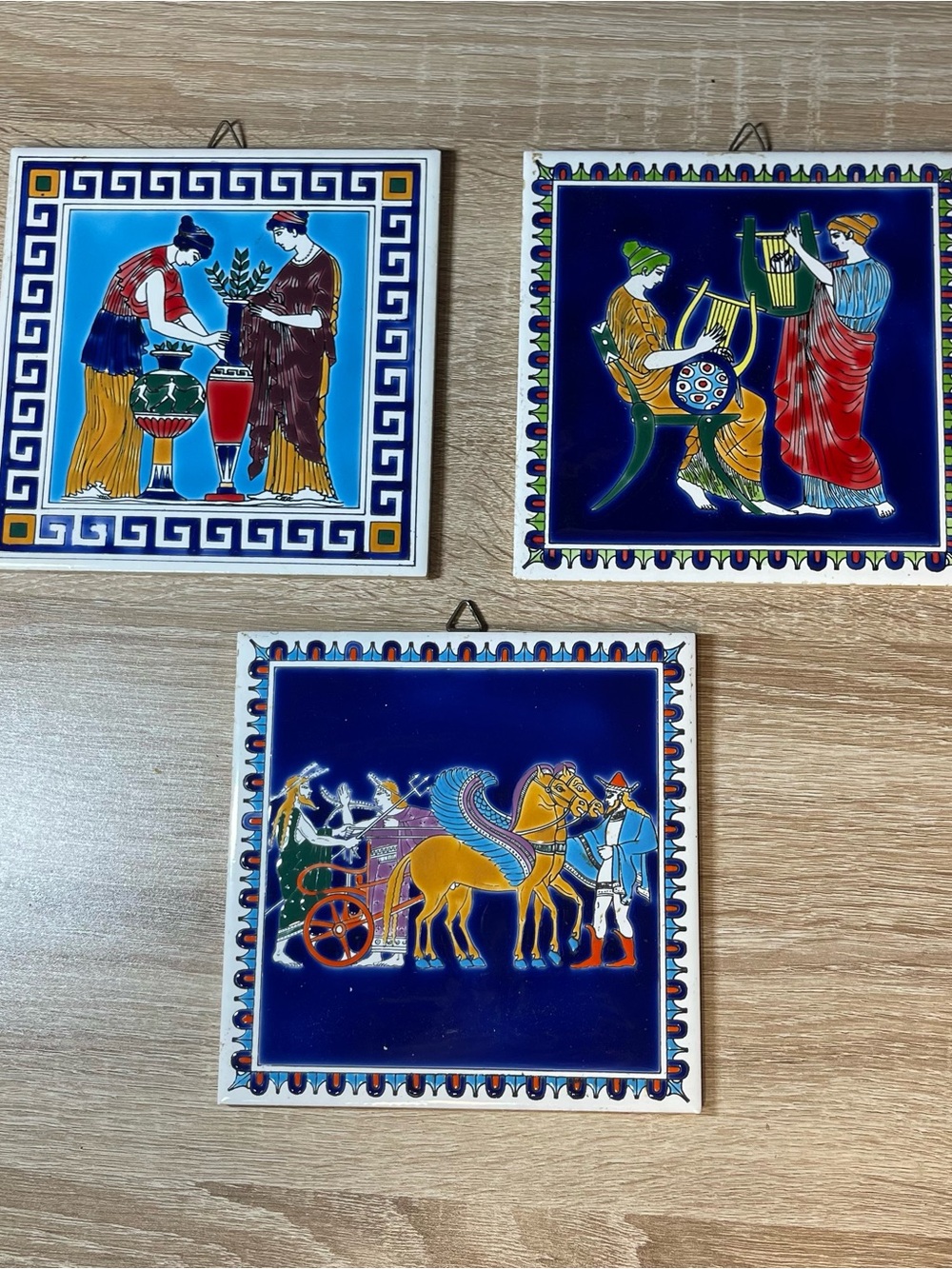 Set of 3 Blue Ceramic Greek-Inspired Wall Plaques